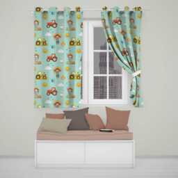 Cute Farm Tractor Duck Girl Sunny Field Teal Background Seamless Pattern Readymade Eyelet Ring Top Thermal 100% Blackout Curtains