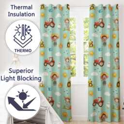 Cute Farm Tractor Duck Girl Sunny Field Teal Background Seamless Pattern Readymade Eyelet Ring Top Thermal 100% Blackout Curtains - thumbnail 3