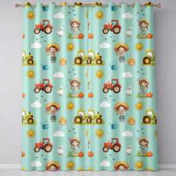 Cute Farm Tractor Duck Girl Sunny Field Teal Background Seamless Pattern Readymade Eyelet Ring Top Thermal 100% Blackout Curtains - thumbnail 2