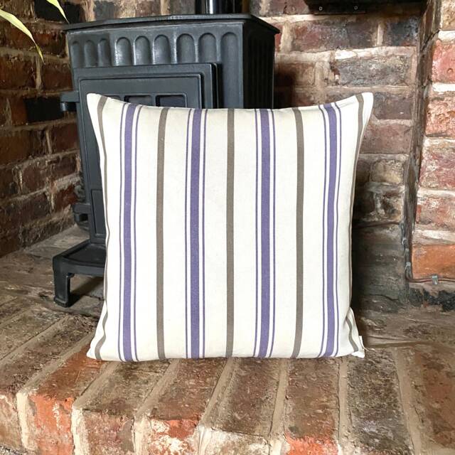 1209. Handmade Purple Grey Stripes On Cream 100% Cotton Cushion Cover Various Sizes - image 1