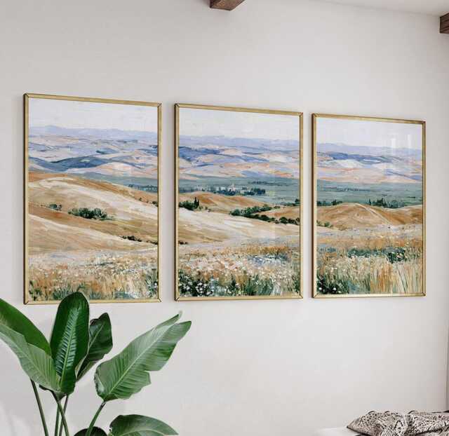 Golden Field Trio, Countryside Landscape Wall Art Set - image 1