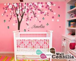 "Cherry Blossom Tree Wall Decal Nursery Mural With Butterflies - 113"" X 93" - thumbnail 1