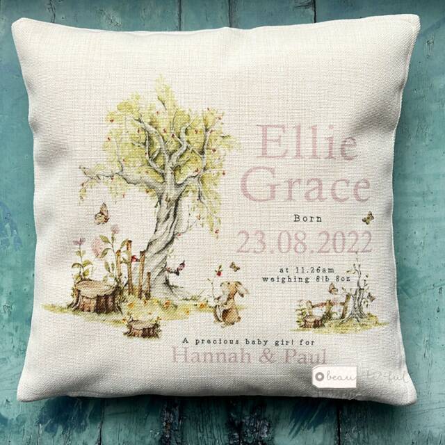 Personalised New Baby Girl Pink Sage Woodland Rabbit Design Home Quote Linen Style Cushion Cover - Newborn Birth - image 1