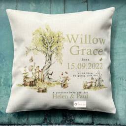 Personalised New Baby Girl Pink Sage Woodland Rabbit Design Home Quote Linen Style Cushion Cover - Newborn Birth - thumbnail 2
