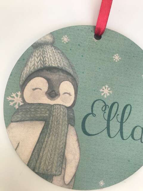 Personalised Penguin Wood Hanging Christmas Tree Decoration, First in New Home, Keepsake, Gift, 1st Xmas - image 1
