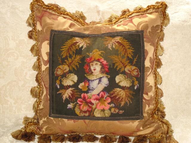 19Th C Antique Victorian Needlepoint Tapestry Pillow Of Girl - Woolwork - image 1