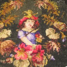 19Th C Antique Victorian Needlepoint Tapestry Pillow Of Girl - Woolwork - thumbnail 3