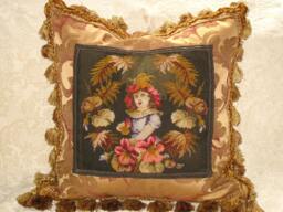 19Th C Antique Victorian Needlepoint Tapestry Pillow Of Girl - Woolwork