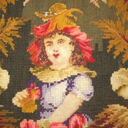 19Th C Antique Victorian Needlepoint Tapestry Pillow Of Girl - Woolwork - thumbnail 2
