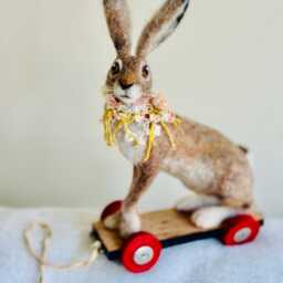 Hare Toy/Pull Along Hare/Vintage Style Hare/Hare Sculpture/Felted Rabbit/Jack Rabbit/Needle Felted Hare/Felted Hare/Ooak Sculpture - thumbnail 3