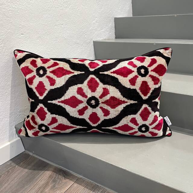 Velvet Ikat Pillow Cover Flowers - Decorative Cushion For Sofa Or Bed - image 1
