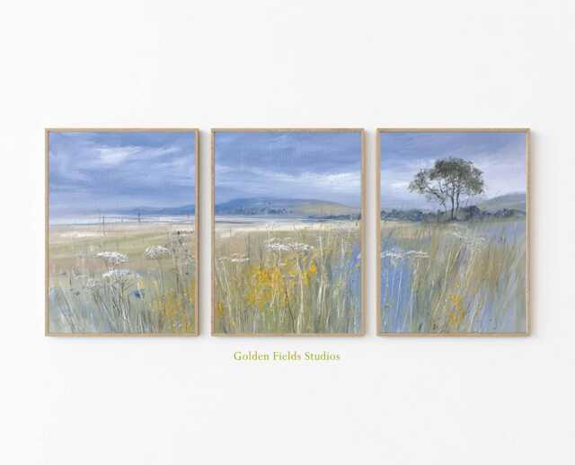 Meadow Landscape Print Set Blue & Yellow Countryside Wall Art - image 1