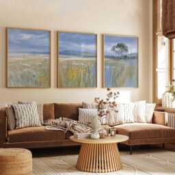Meadow Landscape Print Set Blue & Yellow Countryside Wall Art - thumbnail 3