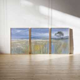 Meadow Landscape Print Set Blue & Yellow Countryside Wall Art - thumbnail 2