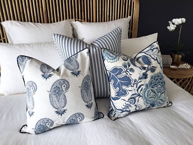 Linen Floral Cushion Cover Blue & White Hamptons Style - image 1