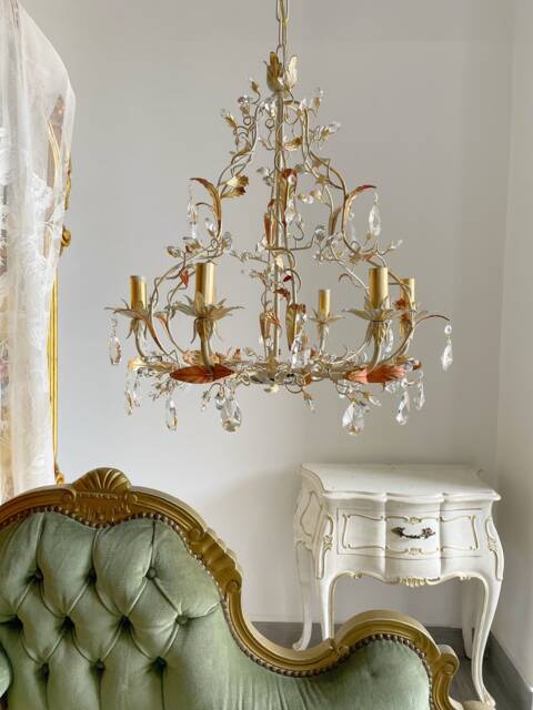 Gold Leaf Ivory & Salmon Pink Birdcage Crystal Chandelier, 6 Arms Asfour Crystals - image 1