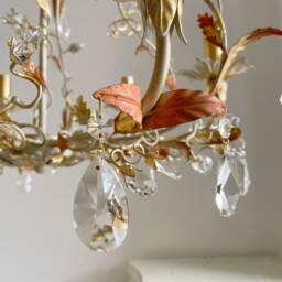 Gold Leaf Ivory & Salmon Pink Birdcage Crystal Chandelier, 6 Arms Asfour Crystals - thumbnail 4