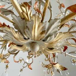 Gold Leaf Ivory & Salmon Pink Birdcage Crystal Chandelier, 6 Arms Asfour Crystals - thumbnail 3