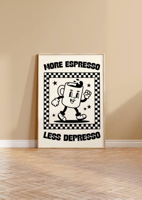 More Espresso Less Depresso Retro Wall Art Print - Character Poster, Kitchen Print, Fun Cofffee, Humour, Caffeine, Checkerboard - image 1