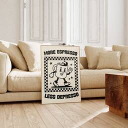 More Espresso Less Depresso Retro Wall Art Print - Character Poster, Kitchen Print, Fun Cofffee, Humour, Caffeine, Checkerboard - thumbnail 3