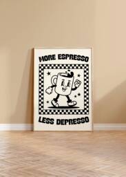 More Espresso Less Depresso Retro Wall Art Print - Character Poster, Kitchen Print, Fun Cofffee, Humour, Caffeine, Checkerboard - thumbnail 1