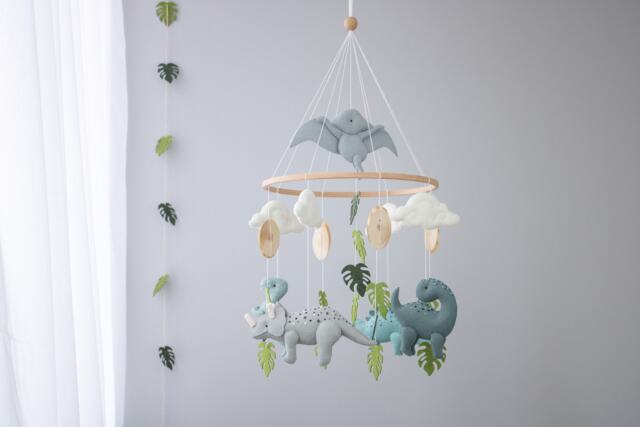 Dinosaur Baby Mobile. Jurassic Nursery Decor. Theme Shower. Newborn Gifts Idea. Woodland Felt Hanging Mobile - image 1