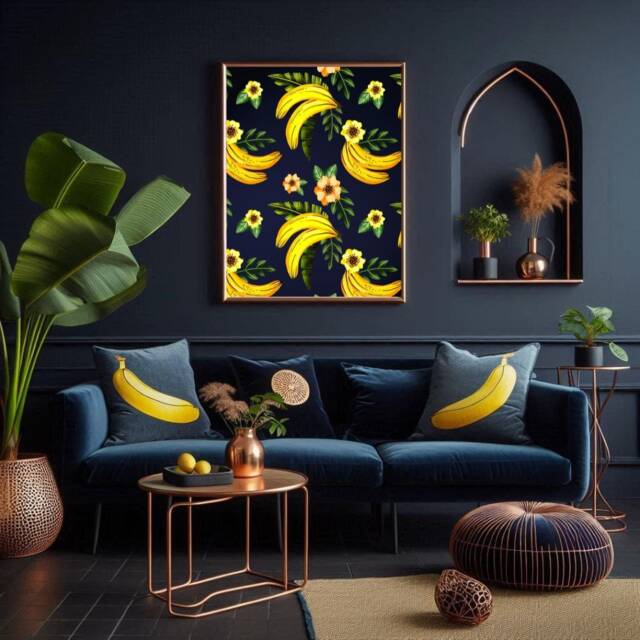 Vibrant Yellow Banana Wall Print On Dark Navy Background - Bold Fruit Art Quirky Fun Kitchen Decor Pop Poster - image 1
