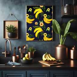 Vibrant Yellow Banana Wall Print On Dark Navy Background - Bold Fruit Art Quirky Fun Kitchen Decor Pop Poster - thumbnail 2
