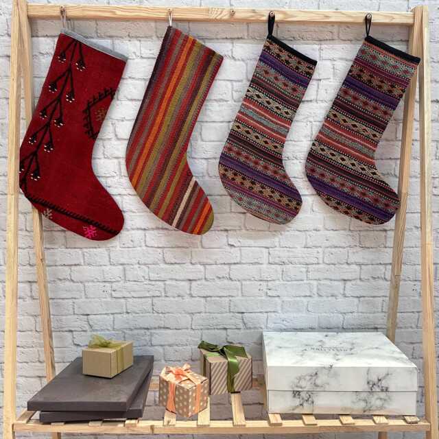 Modern Christmas Stocking, Luxury Boho 6x19 Inches Handmade Vintage Kilim - image 1