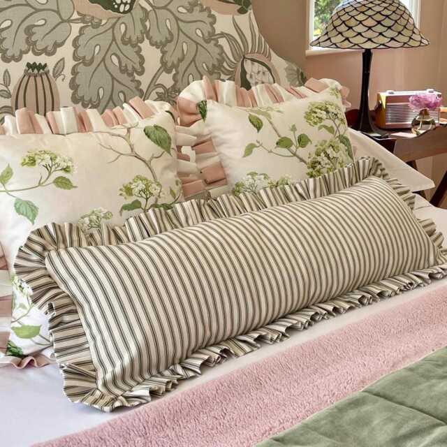Extra Long Ruffled Lumbar Cushion Cover, Green Ticking Stripe Bolster Pillow, Farmhouse Decor - image 1