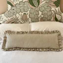 Extra Long Ruffled Lumbar Cushion Cover, Green Ticking Stripe Bolster Pillow, Farmhouse Decor - thumbnail 4