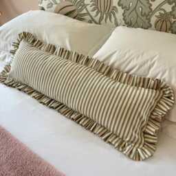 Extra Long Ruffled Lumbar Cushion Cover, Green Ticking Stripe Bolster Pillow, Farmhouse Decor - thumbnail 2