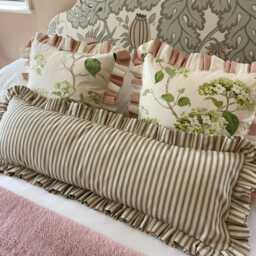 Extra Long Ruffled Lumbar Cushion Cover, Green Ticking Stripe Bolster Pillow, Farmhouse Decor - thumbnail 3