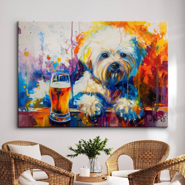 Bichon Frise With Beer Glass Painting Framed Poster Print & Canvas Wall Decor Art Bar Kitchen Room Dog Gift Idea Pet - image 1