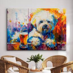 Bichon Frise With Beer Glass Painting Framed Poster Print & Canvas Wall Decor Art Bar Kitchen Room Dog Gift Idea Pet