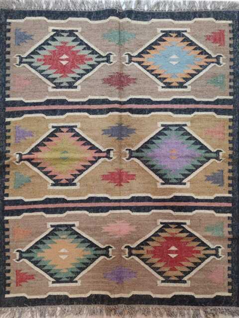 Handwoven Wool Jute Kilim Rug - Multicolour Tribal Flatweave Carpet Area in Earthy Tones - image 1