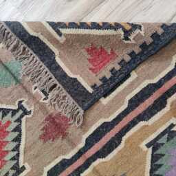 Handwoven Wool Jute Kilim Rug - Multicolour Tribal Flatweave Carpet Area in Earthy Tones - thumbnail 4