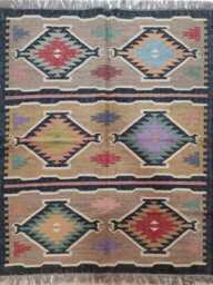 Handwoven Wool Jute Kilim Rug - Multicolour Tribal Flatweave Carpet Area in Earthy Tones - thumbnail 1