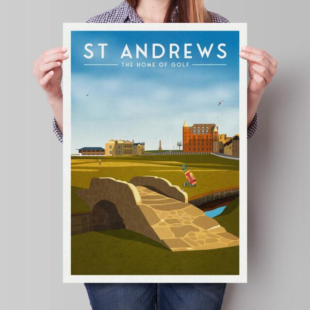st Andrews Golf Print, 18Th Hole, Swilcan Bridge, Home Of Golf, The Old Course, Grand Lady, Scotland Illustration Art - image 1