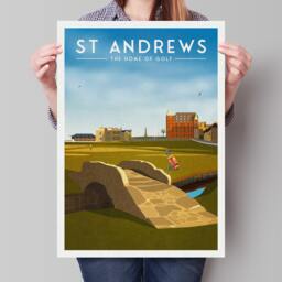st Andrews Golf Print, 18Th Hole, Swilcan Bridge, Home Of Golf, The Old Course, Grand Lady, Scotland Illustration Art - thumbnail 1