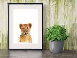 Illustration Of A Baby Lion, Printing On Drawing Paper, Mixed Techniques Animal Painting - thumbnail 1