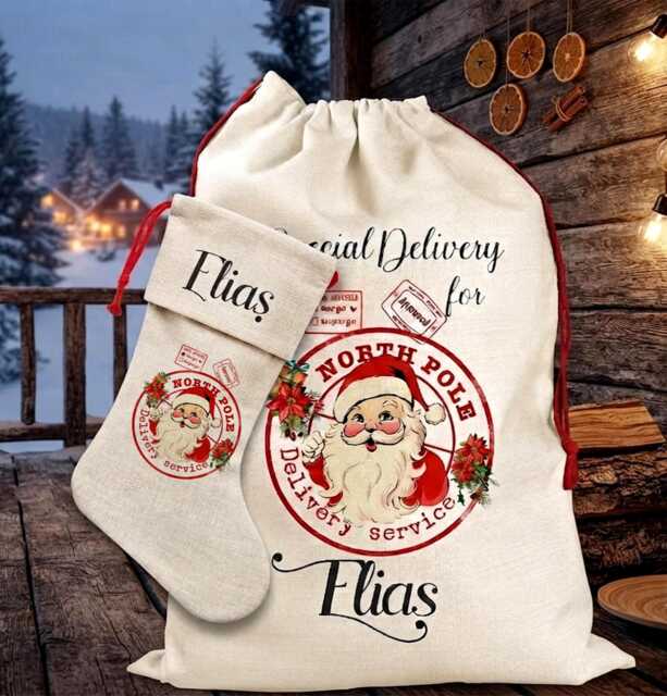 Personalised Santa Sack & Stocking Set, Custom Christmas Sack, Holiday Gift Bag, Kids Eve Box Filler - image 1