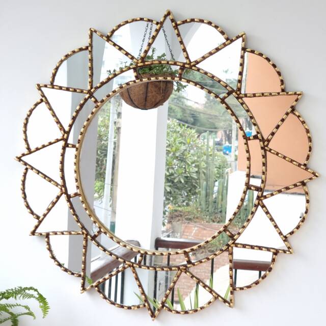 Peruvian Gold Mandala Love Mirror 60 cm Handmade Wall Decor - Carved Wood Round Boho Statement For Living Room Bathroom - image 1