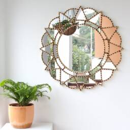 Peruvian Gold Mandala Love Mirror 60 cm Handmade Wall Decor - Carved Wood Round Boho Statement For Living Room Bathroom - thumbnail 3