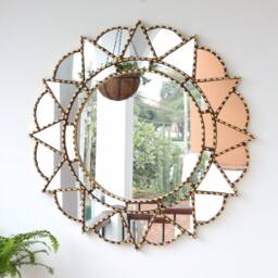 Peruvian Gold Mandala Love Mirror 60 cm Handmade Wall Decor - Carved Wood Round Boho Statement For Living Room Bathroom - thumbnail 2