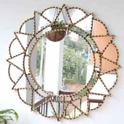 Peruvian Gold Mandala Love Mirror 60 cm Handmade Wall Decor - Carved Wood Round Boho Statement For Living Room Bathroom - thumbnail 1