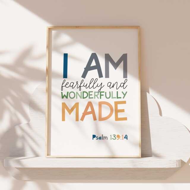 Fearfully & Wonderfully Made Print, Christian Wall Art, Scripture Prints, Boys Nursery Bible Verse Bedroom Decor - image 1