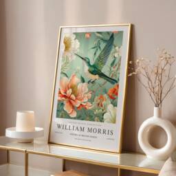 William Morris Print, Art, Exhibition Poster, Birds Morris, Green, Hummingbird Teal Wall Art - thumbnail 1