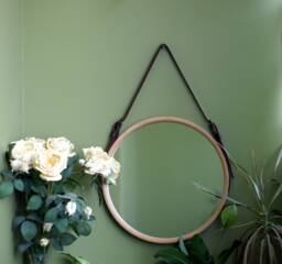 Round Leather Mirror Wooden Frame, Large Frame Mirror, Modern Bathroom Decorative Circle For Living Room & Bedroom - thumbnail 1