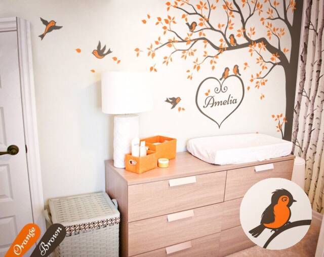 Large Tree Wall Decal With Personalised Baby Name & Birds Corner Decals Decoration Tattoo Kw006 - image 1